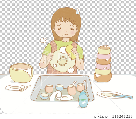 キッチンで食器洗いをする女性 疲れ顔 キッチンで食器洗いをする女性 疲れ顔 116246219