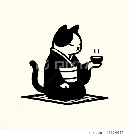 茶道をする着物を着た猫のモノクロイラスト 116246354