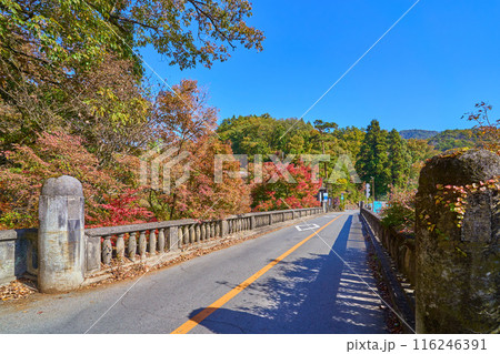 秋の山梨県甲府市と甲斐市に架かり昇仙峡の入口となる長潭橋(ながとろばし）を甲斐市側から見る 116246391