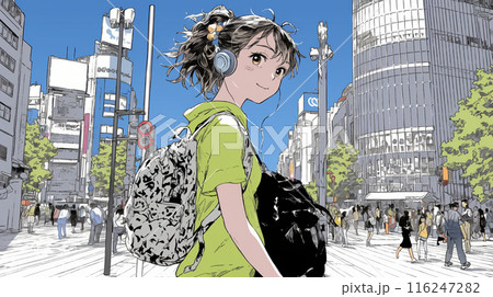 夏の日差しの中、都会を歩く若い女性