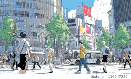 夏の日差しの中を行き交う都会の人々