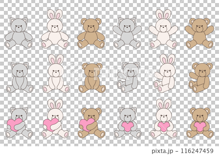 Vector illustration set of cute bear, rabbit and cat stuffed animals Icon Heart Animal 116247459