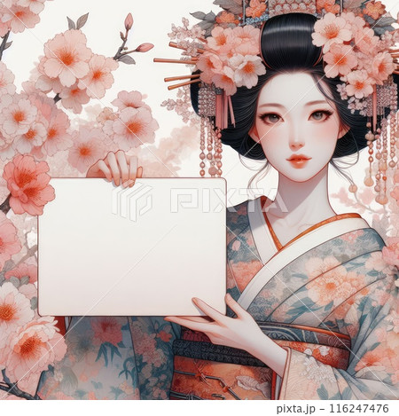 Young Asian girl with kimono dress holding blank sign with Generative AI. 116247476