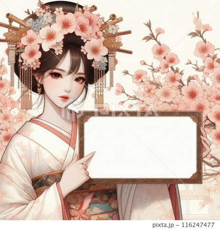 Young Asian girl with kimono dress holding blank sign with Generative AI. 116247477