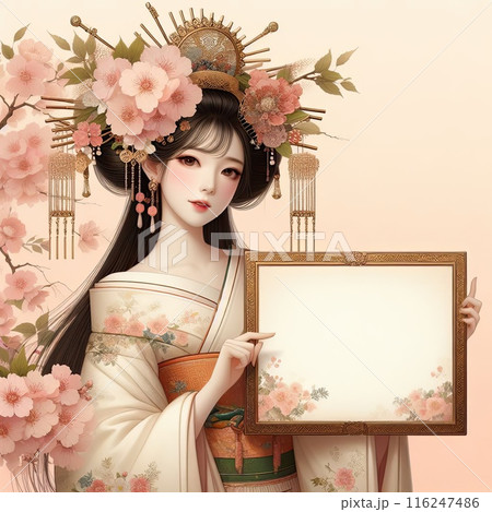 Young Asian girl with kimono dress holding blank sign with Generative AI. 116247486