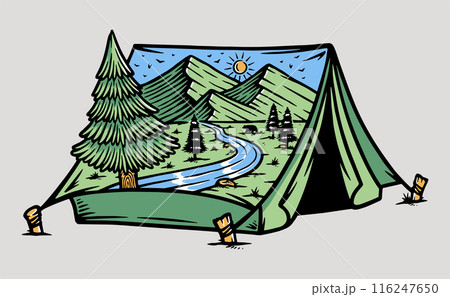 mountain view inside tent silhouette illustration 116247650