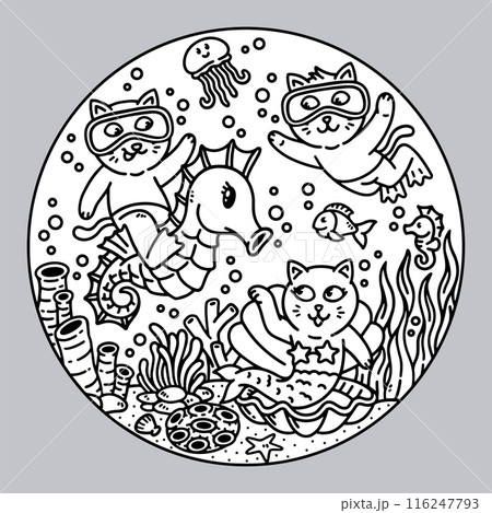 a group of cats having fun in the sea illustration 116247793