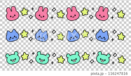 Rabbit, cat, bear star and glitter line illustration set, neon colors 116247816