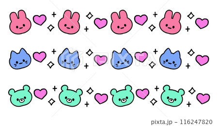 うさぎ、猫、クマのハートとキラキラのラインイラストセット、ネオンカラー 116247820