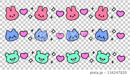 うさぎ、猫、クマのハートとキラキラのラインイラストセット、ネオンカラー 116247820