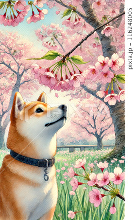柴犬と桜が咲く春の風景 116248005