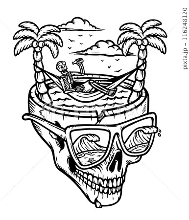 skull relaxing on the beach Illustrator Artwork 116248120
