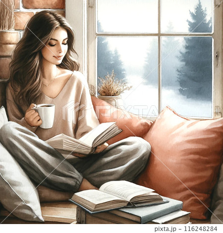 窓辺で読書をする女性 116248284