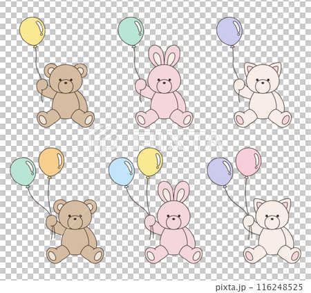 Vector illustration set of cute bear, rabbit and cat stuffed animals holding balloons Icon Balloon Animal 116248525
