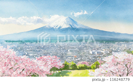AI生成画像　富士山と街並みと桜　水彩 116248779