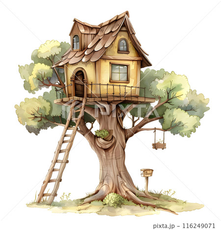 Cartoon tree house with a ladder in the garden. Watercolor illustration on white background 116249071