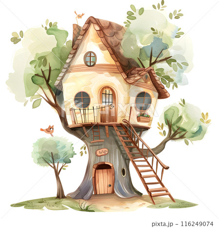 Cartoon tree house with a ladder in the garden. Watercolor illustration on white background 116249074