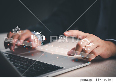 hands interface with virtual ai and chat icons. Chatbot conversation Artificial Intelligence technology online customer service.Digital chatbot Futuristic technology.Virtual assistant on internet.. hands interface with virtual ai and chat icons. Chatbot conversation Artificial Intelligence technology online customer service.Digital chatbot Futuristic technology.Virtual assistant on internet.. 116249161