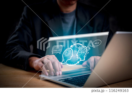 Chatbot conversation Ai Artificial Intelligence technology online customer service.Digital chatbot, robot application, OpenAI generate. Futuristic technology.Virtual assistant on internet.. 116249163