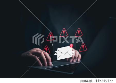 business cyber attack, with email hacker. alerts about potential viruses, scam, and spam emails. threat cyber crimes and messages technology 116249177