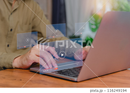 User laptop with live streaming controls. Online Video streaming on internet digital multimedia player. User laptop with live streaming controls. Online Video streaming on internet digital multimedia player. 116249194