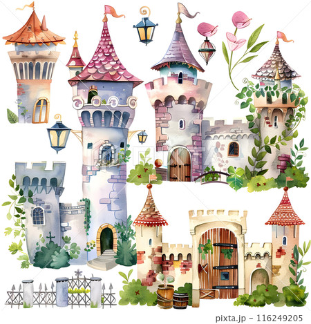 Watercolor fantasy fairytale castle set. Hand drawn illustration isolated on white background 116249205