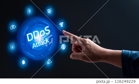 A hand pointing to a blue circle with the word ddos attack in white 116249229