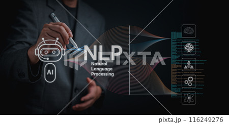 Professional with AI and NLP graphics, highlighting cutting-edge tech in business. showcasing innovation Professional with AI and NLP graphics, highlighting cutting-edge tech in business. showcasing innovation 116249276