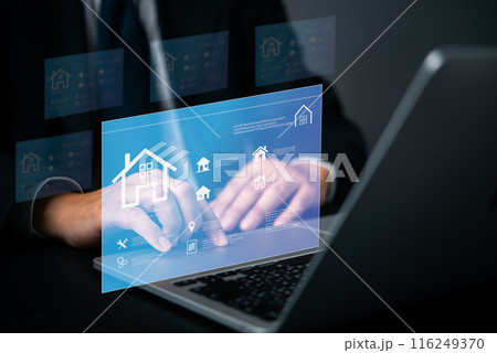 Real estate concept business, home insurance and real estate protection. Buy and sell houses and real estate market and investment online on a virtual screen Innovative Technology Concept Real estate concept business, home insurance and real estate protection. Buy and sell houses and real estate market and investment online on a virtual screen Innovative Technology Concept 116249370