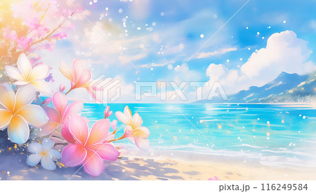 プルメリアと海と砂浜(水彩画) プルメリアと海と砂浜(水彩画) 116249584