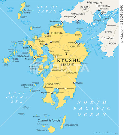 Kyushu island and northern part of the Kyushu region in Japan, political map with prefectures. One of the four major islands of Japan, southwest of Honshu and Shikoku, separated by Seto Inland Sea. 116249640