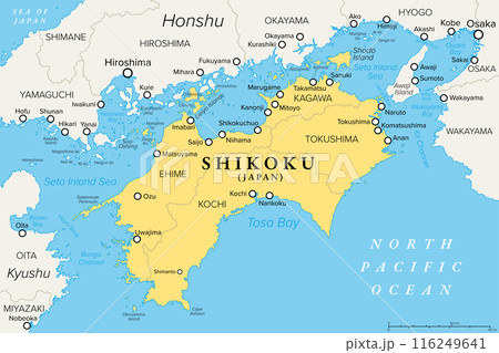 Shikoku island and region in Japan with four prefectures, political map. Region and smallest of the main islands of Japan, northeast of Kyushu, and south of Honshu, separated by the Seto Inland Sea. Shikoku island and region in Japan with four prefectures, political map. Region and smallest of the main islands of Japan, northeast of Kyushu, and south of Honshu, separated by the Seto Inland Sea. 116249641