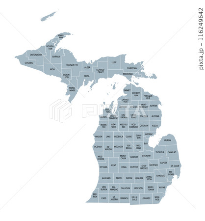 Michigan counties, gray political map. A state in the Great Lakes region of the Upper Midwest of the United States, subdivided into 83 counties. Map with county boundaries and names. Illustration Michigan counties, gray political map. A state in the Great Lakes region of the Upper Midwest of the United States, subdivided into 83 counties. Map with county boundaries and names. Illustration 116249642