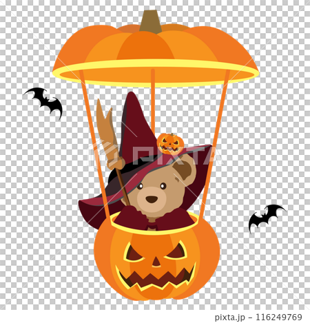 Illustration of a teddy bear riding a Halloween pumpkin balloon 116249769