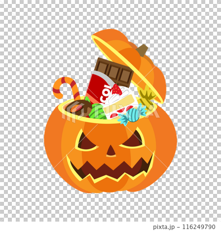 Illustration of a ghost pumpkin container full of sweets 116249790