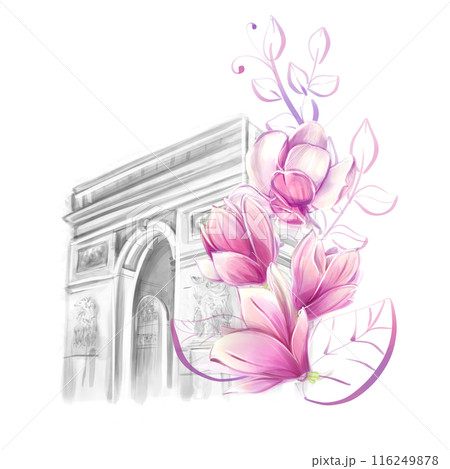 Arc de Triomphe in Paris in spring romantic style with magnolias, watercolour. Tourism, sights and architecture of Paris, clipart for design of cards, invitations, posters, banners 116249878