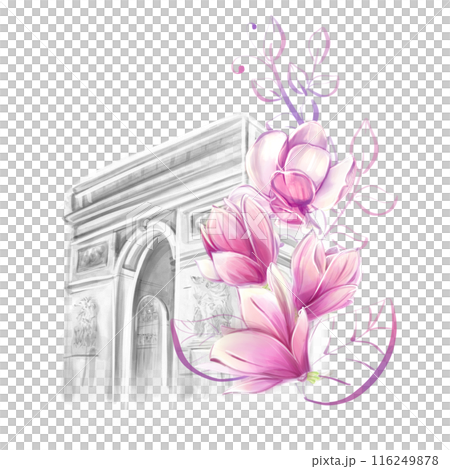 Arc de Triomphe in Paris in spring romantic style with magnolias, watercolour. Tourism, sights and architecture of Paris, clipart for design of cards, invitations, posters, banners 116249878