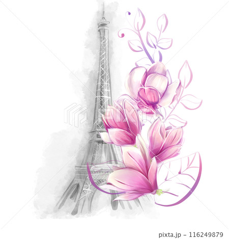 Watercolor Eiffel Tower in Paris in spring romantic and vintage style with magnolias. Tourism, sights and architecture of France, clipart for design of cards, invitations, posters, banners 116249879