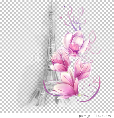 Watercolor Eiffel Tower in Paris in spring romantic and vintage style with magnolias. Tourism, sights and architecture of France, clipart for design of cards, invitations, posters, banners 116249879