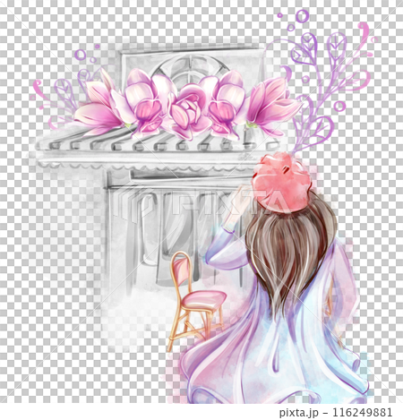 Watercolor illustration of a girl in a red beret on the background of a Parisian shop, cafe, bakery, in front of a shop window. Romantic trip to France, clipart for banner design, postcard, invitation 116249881
