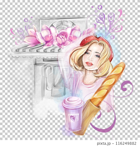Watercolor illustration of a blonde woman with a French baguette and coffee on the background of a shop, cafe, bakery, in front of a showcase. Romantic trip to France, clipart for banner design, postc 116249882