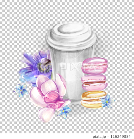 Paper cup of coffee and multicolored macarons in a watercolor style. French breakfast, bakery. Romantic trip to France, clipart for banner design, postcard, invitation 116249884