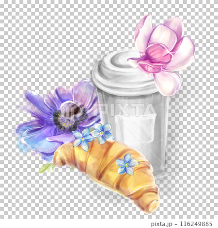 Paper cup of coffee and croissant in watercolor style with magnolias and anemone. French breakfast, bakery. Romantic trip to France, clipart for banner design, postcard, invitation 116249885