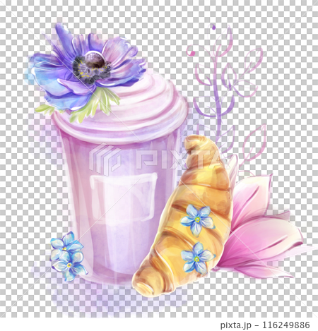 Watercolor illustration. French breakfast, pastries. Paper cup of coffee and croissant. magnolias and anemones. Romantic trip to France, clipart for banner design, postcard, invitation 116249886