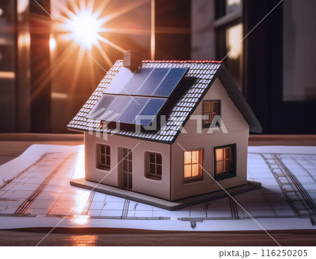 不動産イメージ 屋根に太陽光パネルを設置した家と設計図 不動産イメージ 屋根に太陽光パネルを設置した家と設計図 116250205