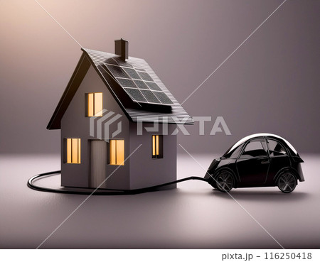 太陽光パネルを設置した家と電気自動車　不動産イメージ 116250418