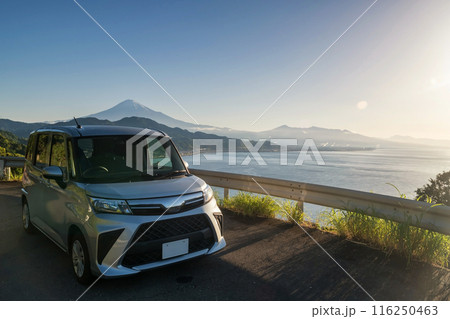 Minivan car parking at Satta Toge pass summit with mt. Fuji,  Shimizu 116250463