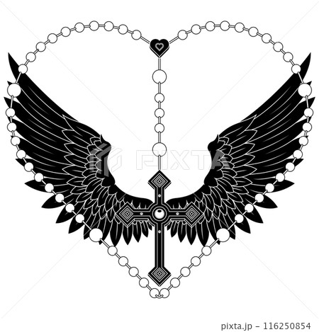 Winged Christian cross with heart-shaped rosary Winged Christian cross with heart-shaped rosary 116250854
