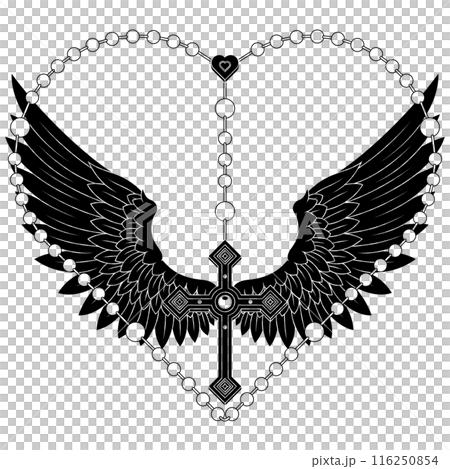 Winged Christian cross with heart-shaped rosary Winged Christian cross with heart-shaped rosary 116250854