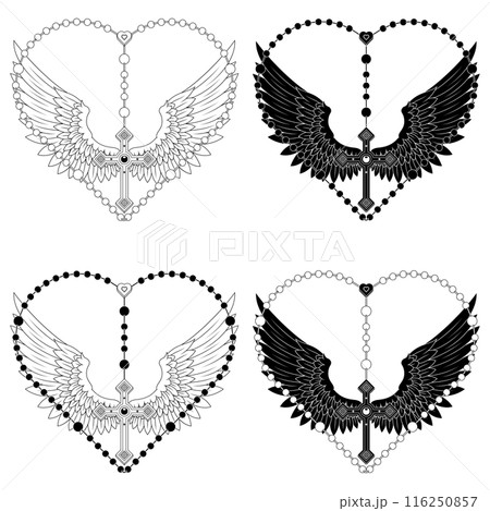 Winged Christian cross with heart-shaped rosary Winged Christian cross with heart-shaped rosary 116250857